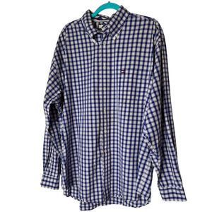 Tommy Hilfiger Men's Button Up Shirt in Blue White and Red Plaid Size XL